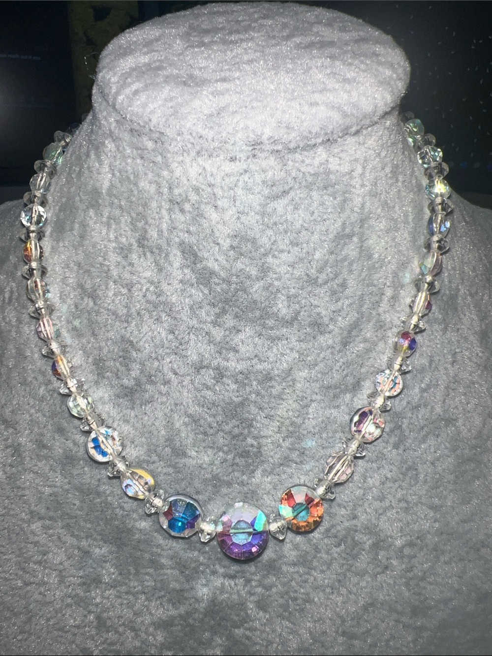 Iridescent Crystal Bead Necklace - Clear Multi-Hue - Aurora borealis